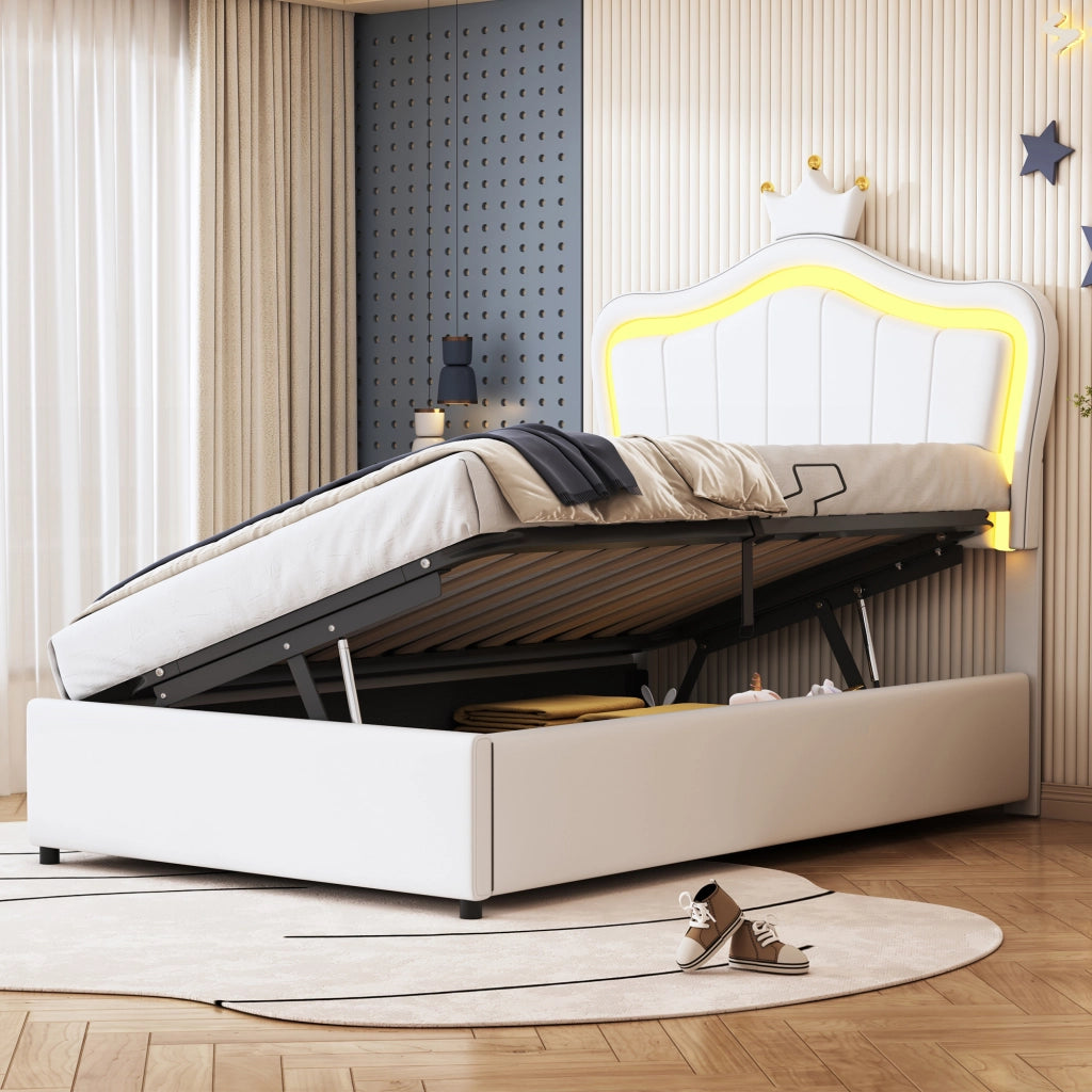 OKWISH Letto Contenitore 90×200 cm, Letto Singolo con LED Regolabile, Contenitore Idraulico e Testiera Regolabile, senza Materasso, Bianco
