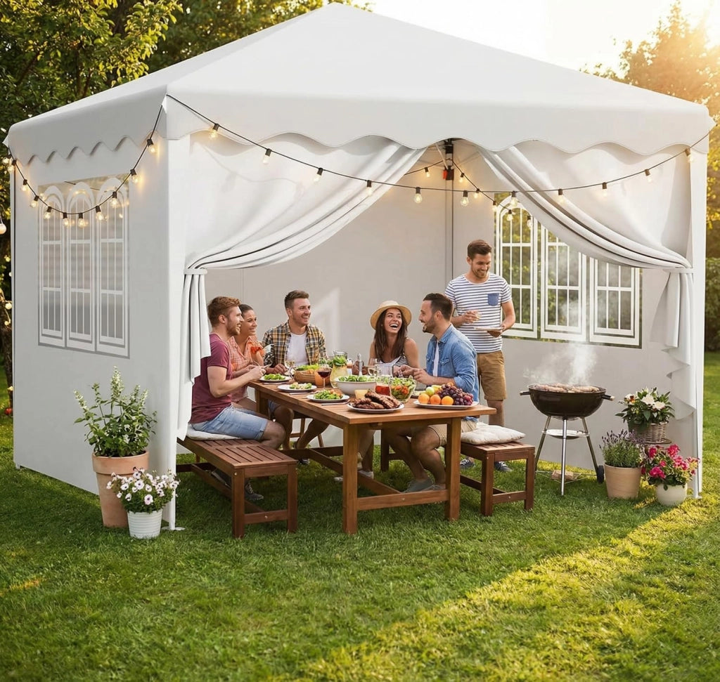 Gazebo 3x3, Gazebi Pieghevole con Oxford, Tenda Giardino Pieghevole, Impermeabile, per Feste, Tenda con 4 PCS Sacchi di Sabbia, Padiglione Giardino Protezione UV 50+, Per il Campeggio (Bianco)