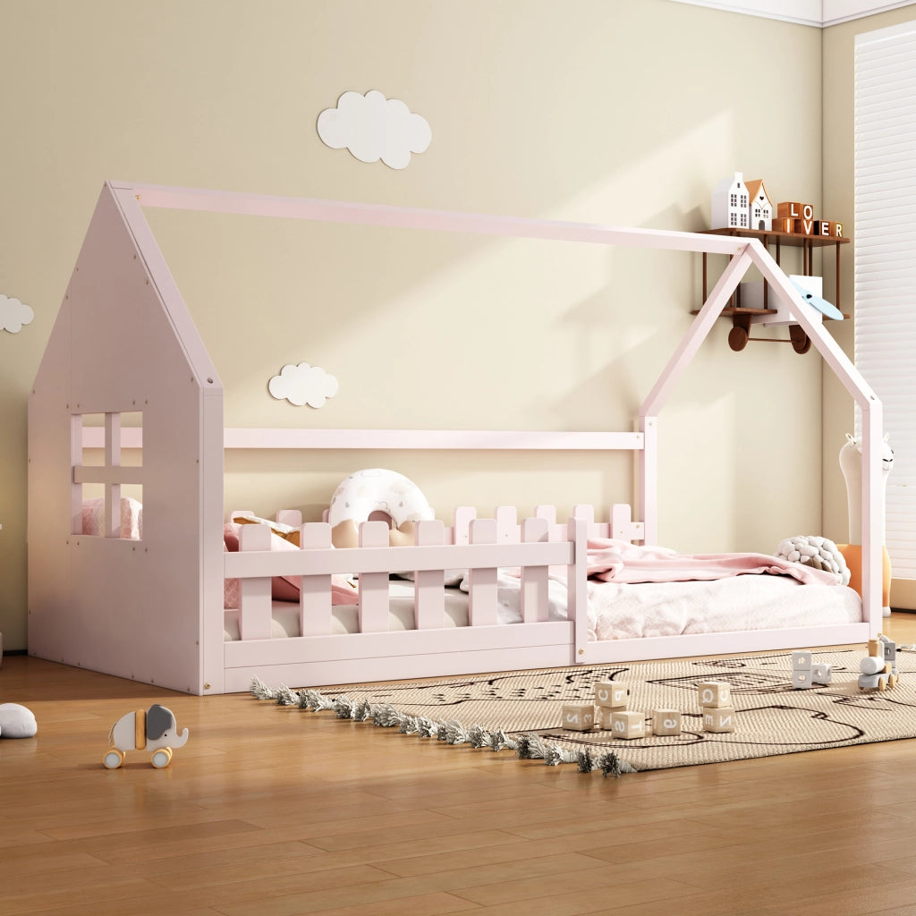 Letto a forma di casa rosa in pino e MDF 90x200 cm
