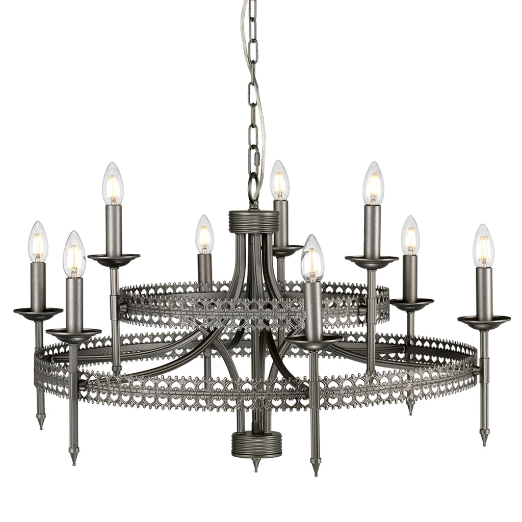 Lampadario Industrial Nordico Crown Acciaio Ferro Cancello 9 Luci E14