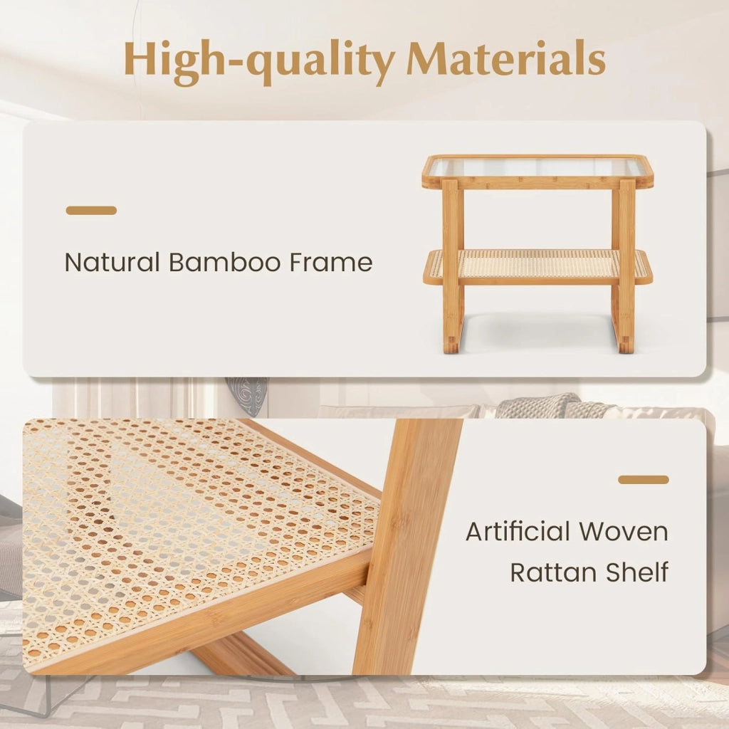 Tavolino ausiliario a 2 livelli, tavolo rettangolare laterale con piano in vetro e ripiano in rattan, comodino con cornice in bambù, per camera da letto e soggiorno, naturale
