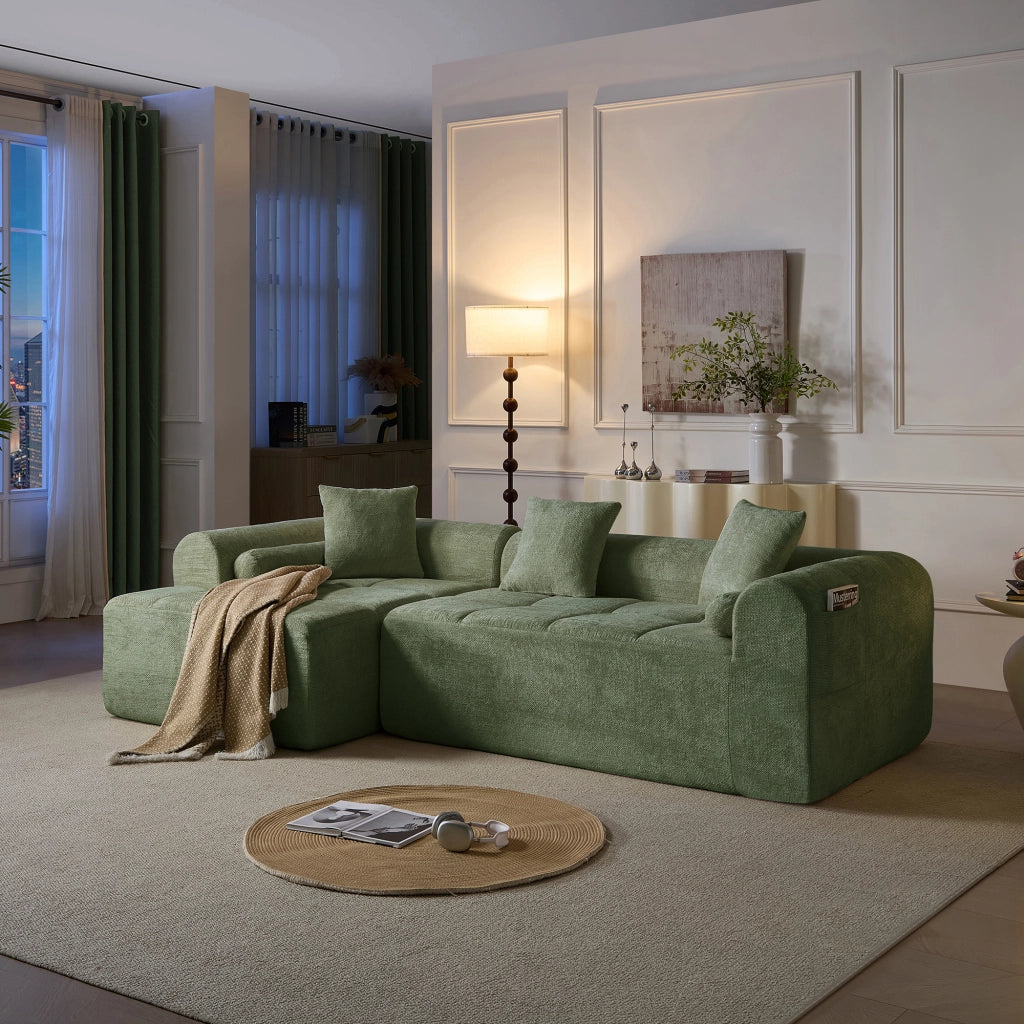 Divano angolare in chenille verde con seduta a molle e schiuma ad alta densità