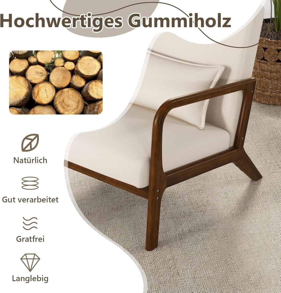 Mid Century Accent Chair, sedia interna per il tempo libero con seduta e schienale imbottiti, poltrona imbottita in legno con cuscino lombare, poltrona lounge per camera da letto (beige)