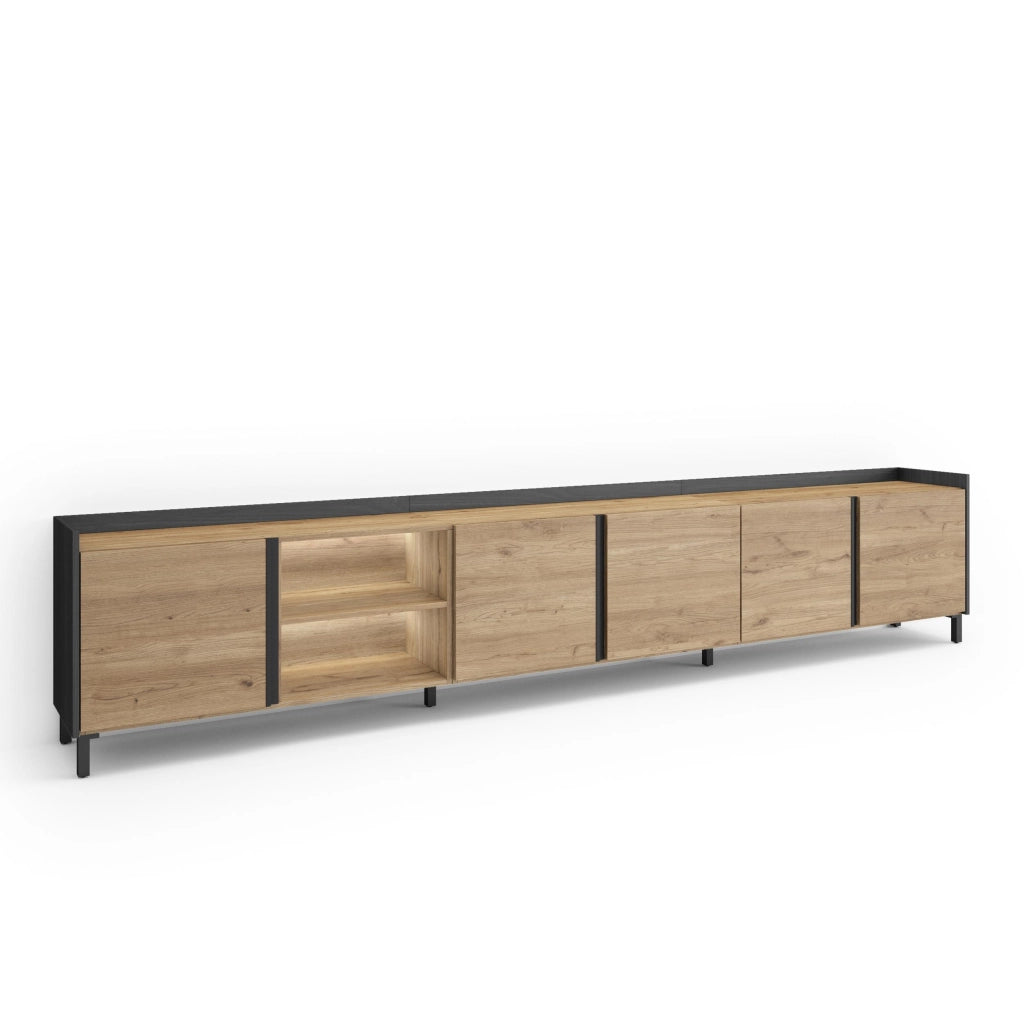 Mobile TV Soggiorno, 309x61x35 cm, Per TV fino a 80", Design industriale, LED, Rovere e nero