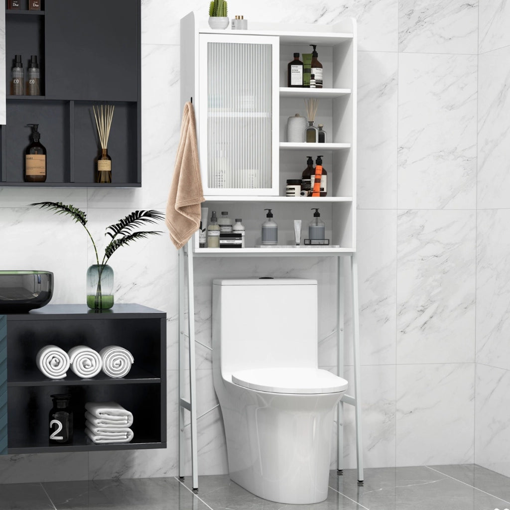 Mobiletto sopra il water con anta scorrevole in acrilico e struttura metallica-Mobile per bagno lavanderia Bianco