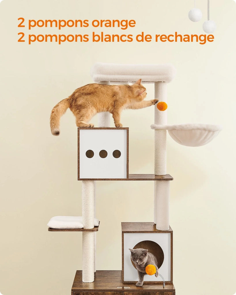 Tiragraffi moderno con copertura per lettiera torre gioco tiragraffi con lettiera 185 cm nascondiglio piattaforma tappetini lavabili beige 12_0003866