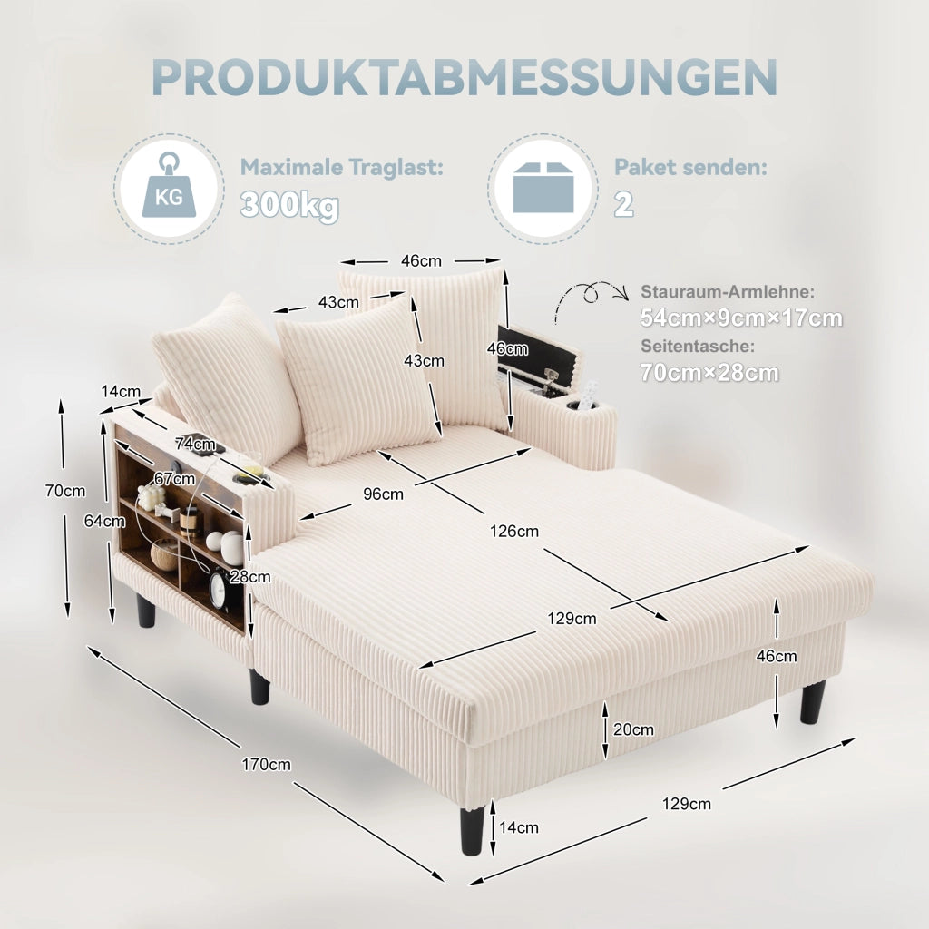 Chaise longue con vano portaoggetti USB LED portabicchieri e cuscini in velluto a coste beige 129 × 170 × 70 cm