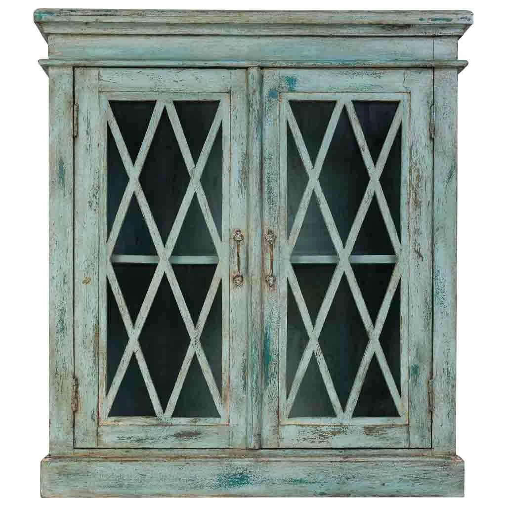 Credenza in legno e vetro con 2 ante, blu 90x40x100h cm