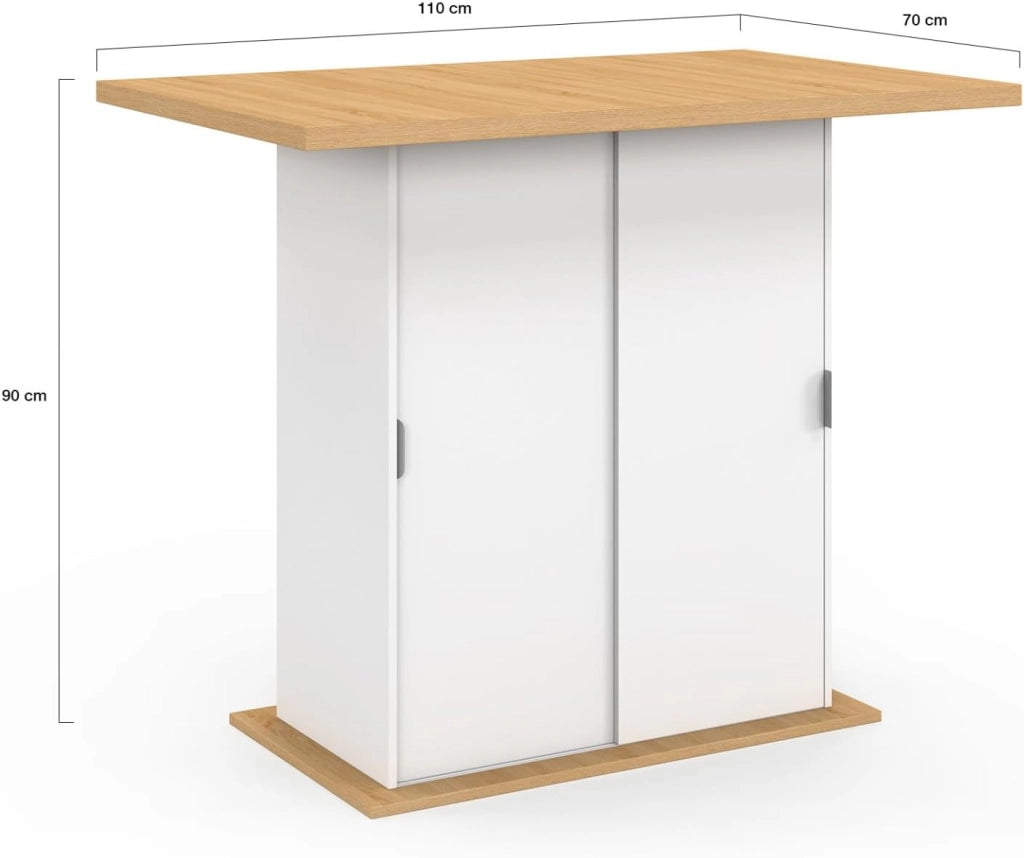Isola centrale PAXTON 110 cm per 4 persone con contenitore in legno bianco e piano di lavoro effetto faggio