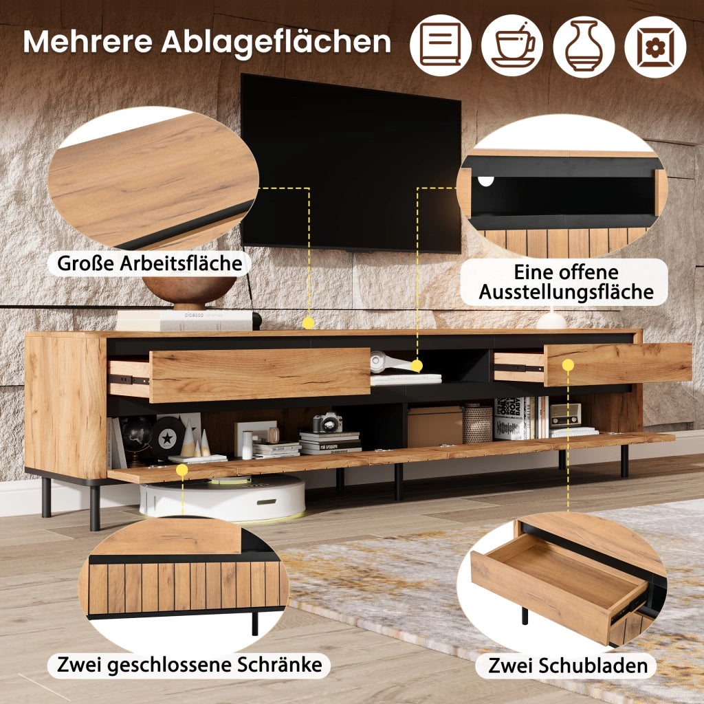 Mobile porta TV con 2 cassetti, 2 ante e passacavi, per soggiorno, in MDF e metallo, nero e naturale, 180 × 40 × 52 cm