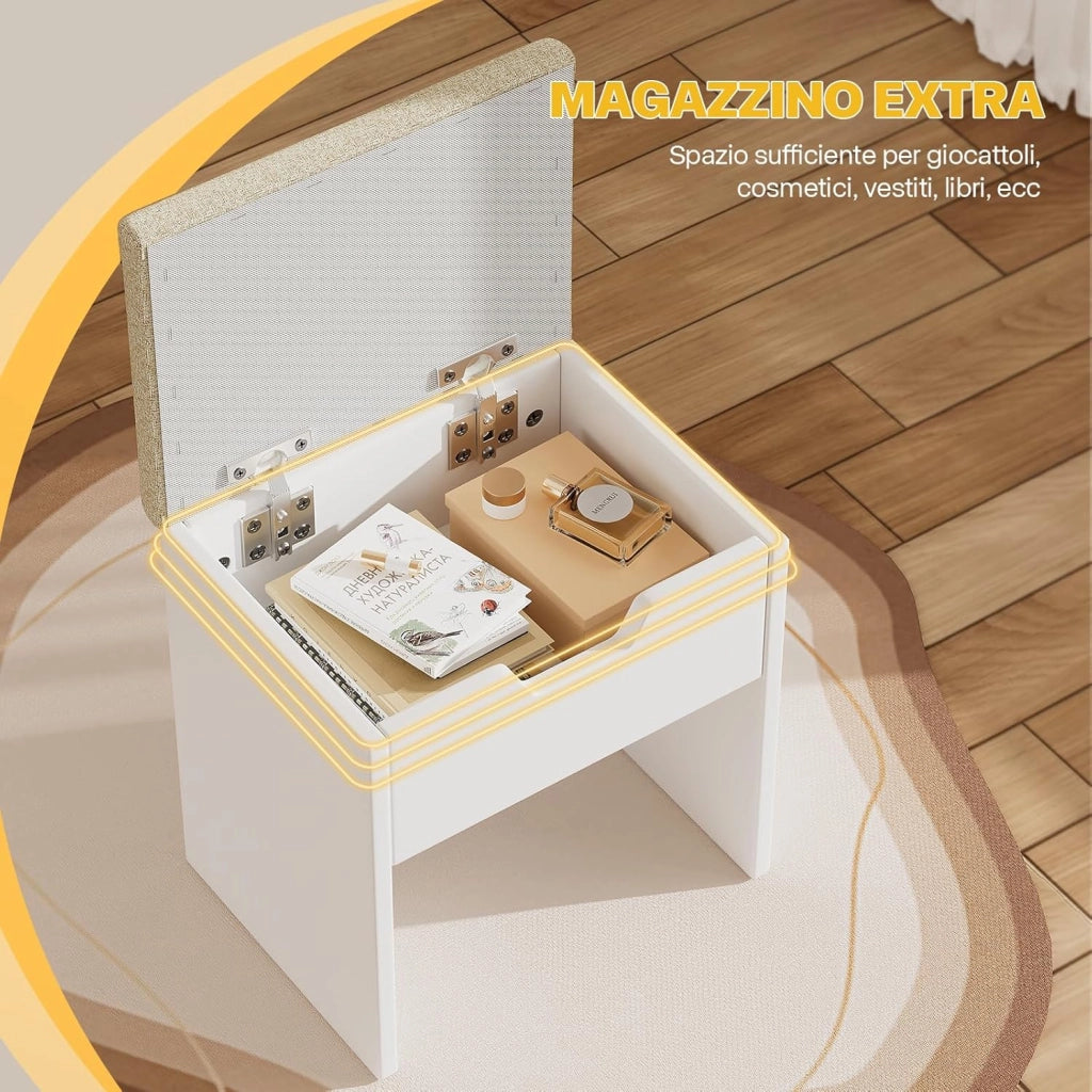 Sgabello Toeletta Trucco con Cuscino,Sgabello Per Trucco con Spazio Di Stoccaggio,Sedia da Make Up per Camera da Letto,Piedeappoggio,Bianco
