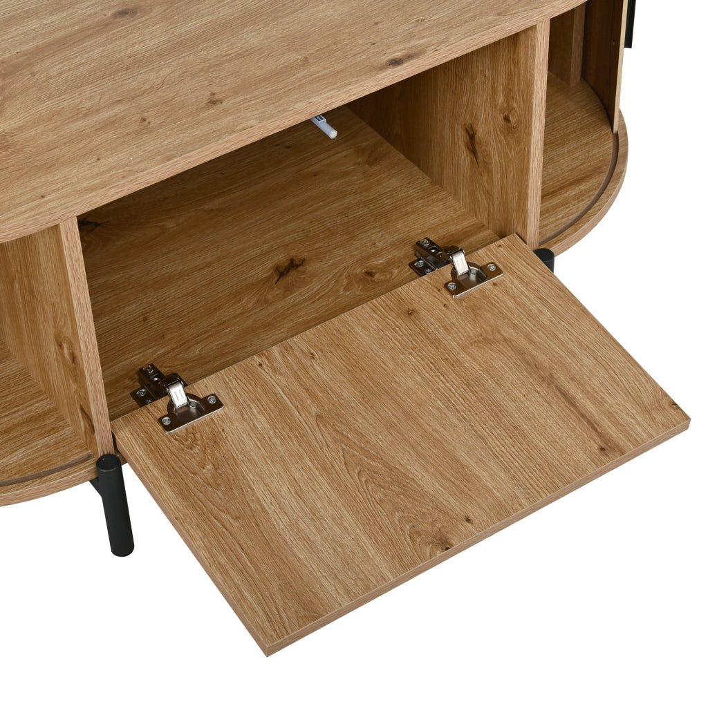 Tavolino da salotto ovale 100x50x40 cm con ante scorrevoli e vano contenitore; MDF naturale