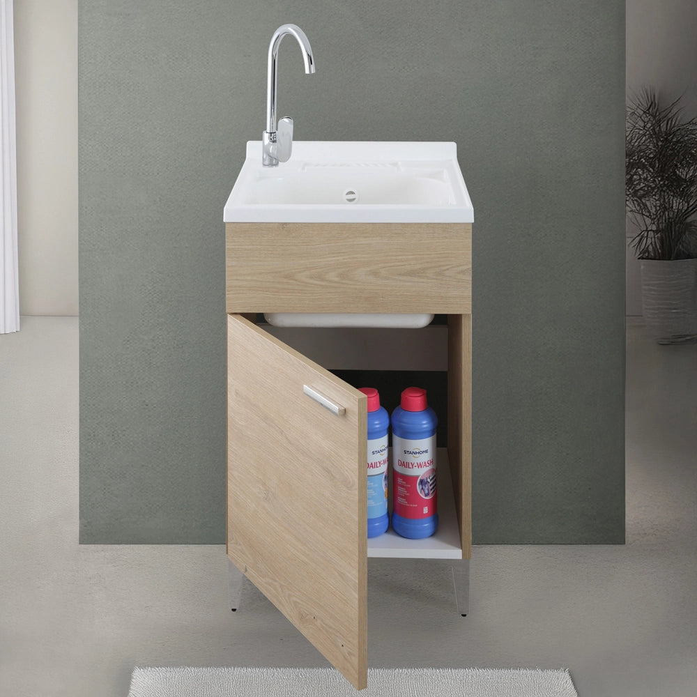 Mobile lavatoio 50x50 cm rovere con vasca in resina e asse lavapanni