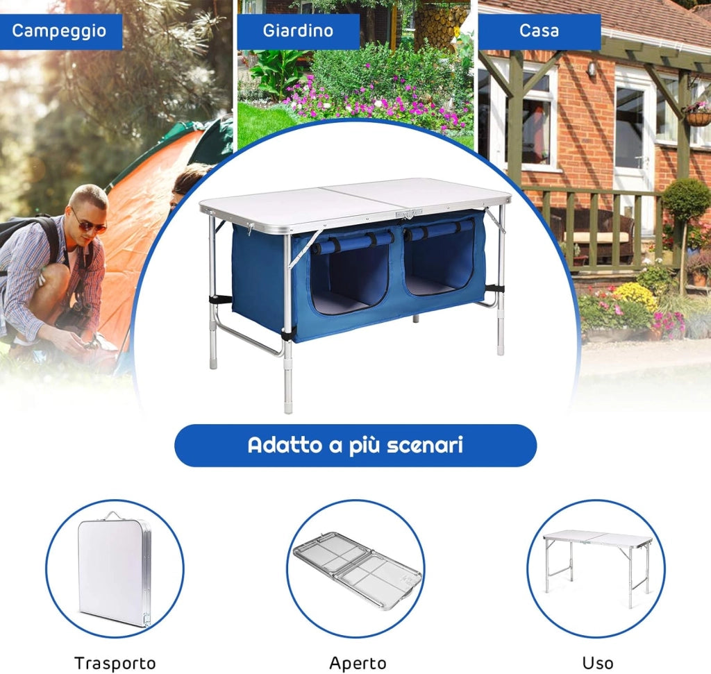 Tavolo da campeggio pieghevole, altezza regolabile in 53,5 cm / 71 cm, tavolo da picnic in alluminio con armadietti da 120 l, tavoli da esterno 120 x 61 cm, per barbecue, feste