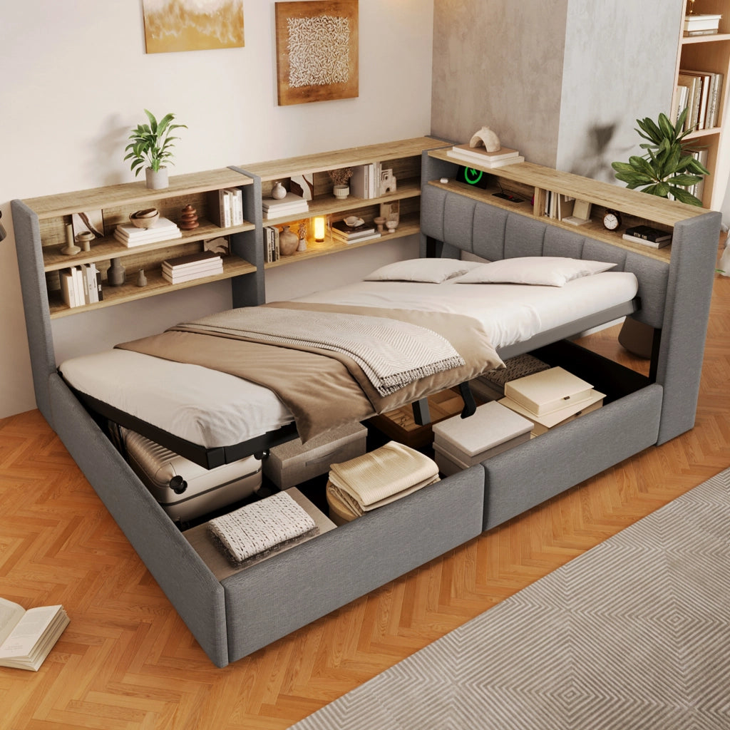 Letto Contenitore Matrimoniale LEMONMAX 140x200 cm con Sollevamento Idraulico, LED APP, USB-A/USB-C e Modulo Laterale, Velluto Grigio