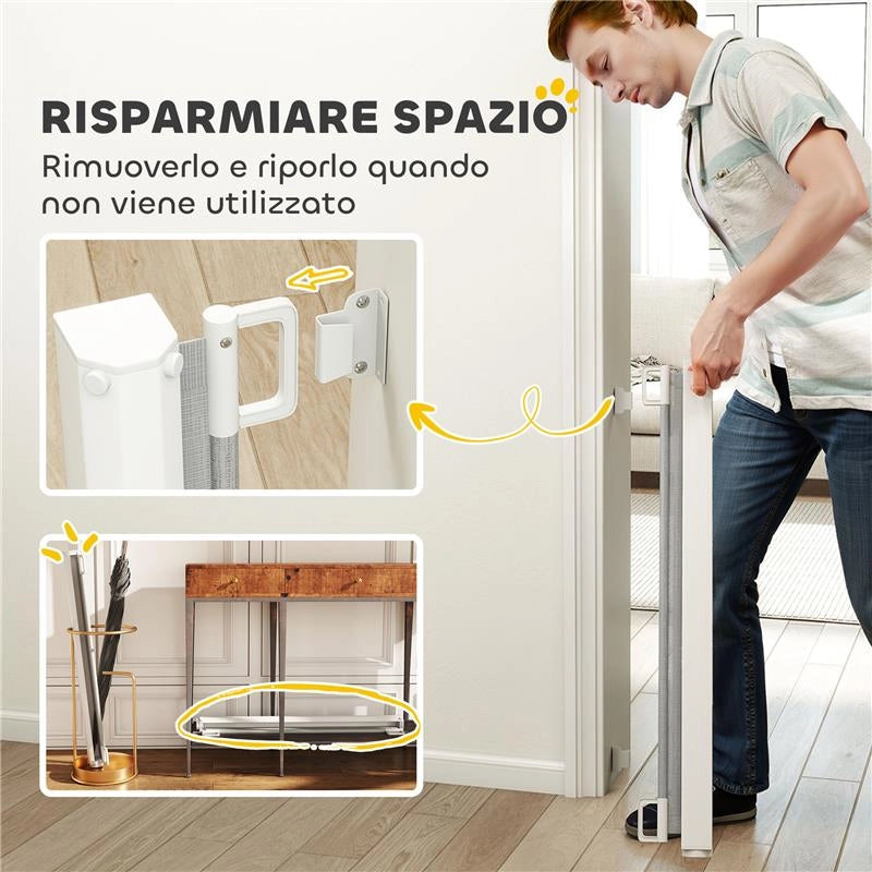 CANCELLINO PER CANI ESTENSIBILE FINO A 115 CM, IN POLIESTERE E ACCIAIO, 115X82.5 CM, BIANCO E GRIGIO