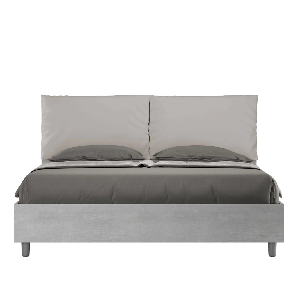 BS COM Letto matrimoniale contenitore doppia alzata 160x190 Cemento cuscini similpelle tortora