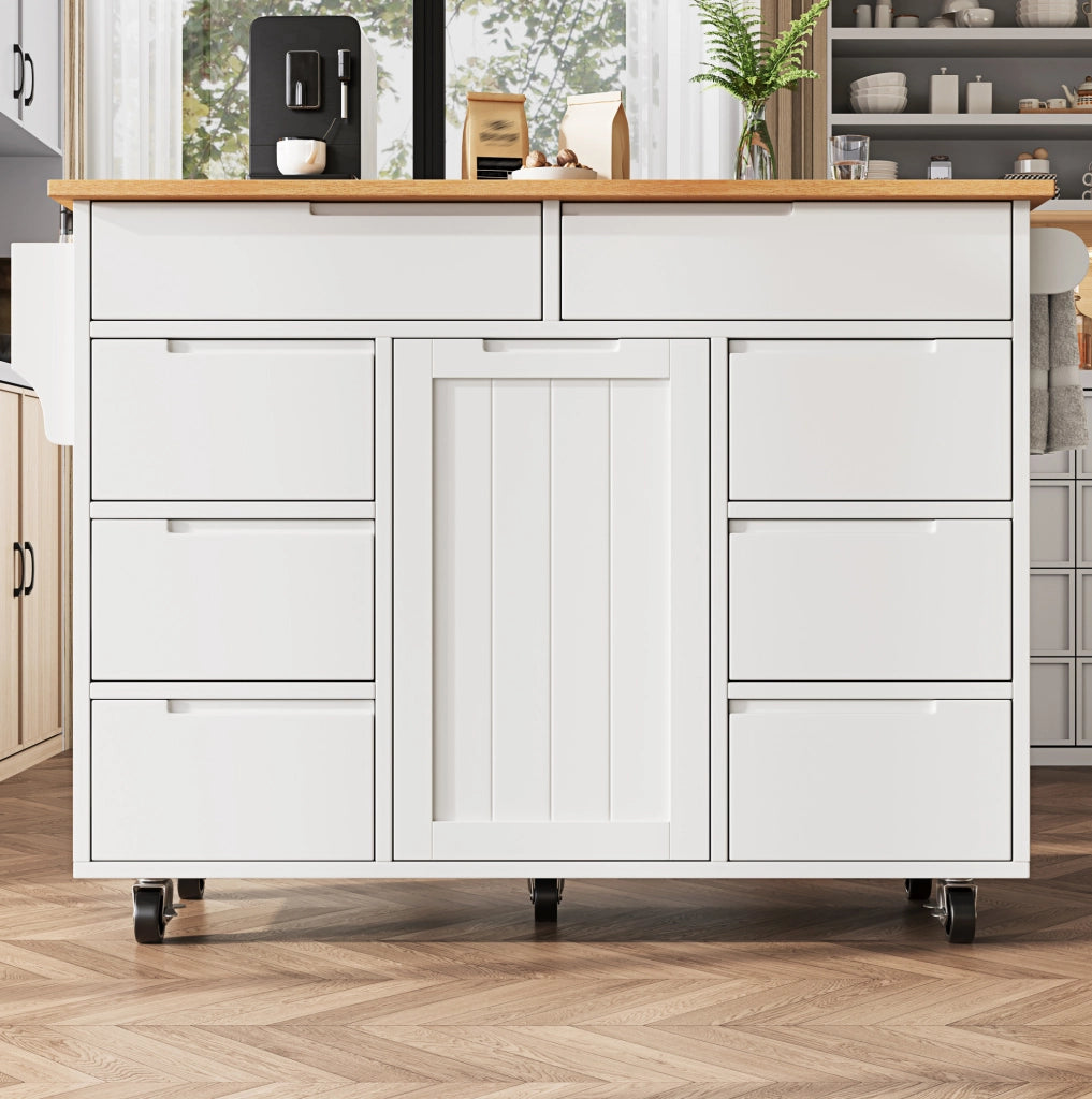 Isola da cucina 122x74.5x91.5 cm pieghevole con 8 cassetti; MDF bianco