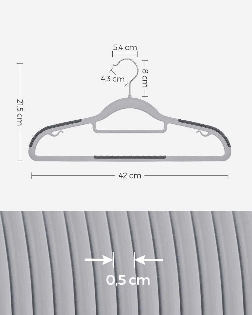 Confezione da 50 robuste grucce in plastica antiscivolo salvaspazio spessore 6 cm gancio girevole a 360° lunghezza 42 cm grigio 12_0006314
