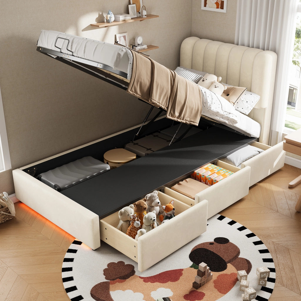 Letto con Cassetti 90 x 200 cm; Letto Singolo - Contenitore; 3 Cassetti e LED - Beige
