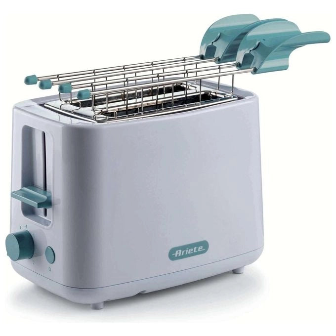 Ariete 157 Tostapane Breakfast, 760W, Capacità 2 fette di pane, Pinze in acciaio inox, 7 livelli di doratura, Pulsante stop, Tocco freddo, White & Aegean Teal