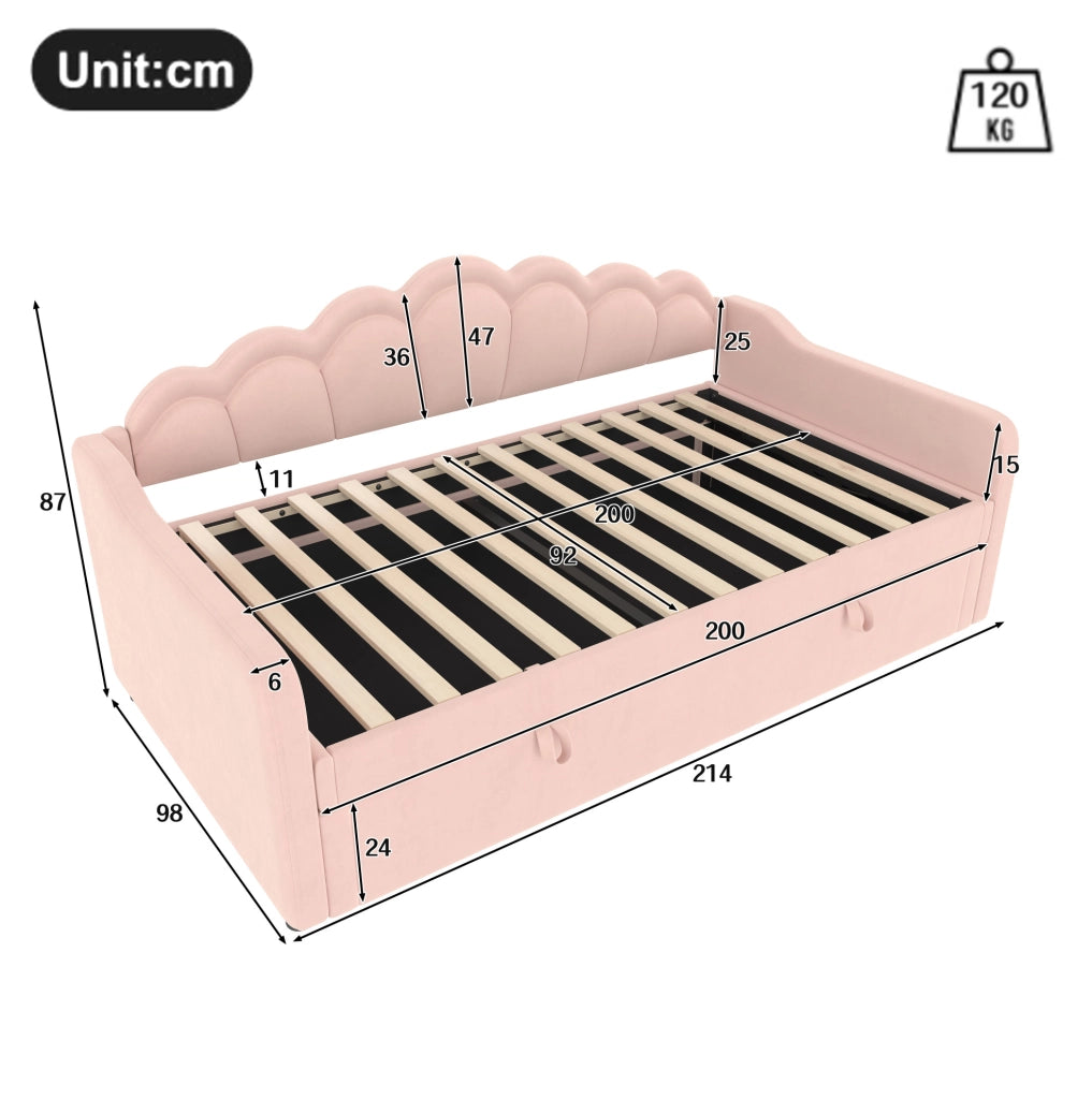 Letto singolo imbottito in velluto rosa con contenitore e LED