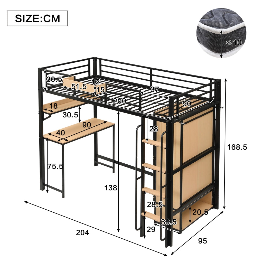 Letto a soppalco 90x200 cm in metallo e MDF nero e naturale con armadio; scrivania e scaffale