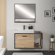 Mobile bagno sospeso 80 cm in legno e metallo nero con specchio Zante
