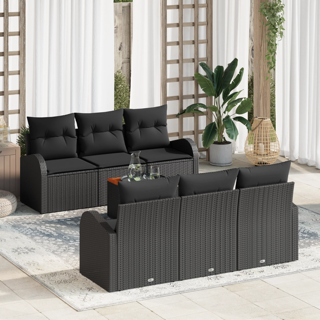 Set Divano Giardino 7 Pezzi con Cuscini Rattan Nero Acciaio