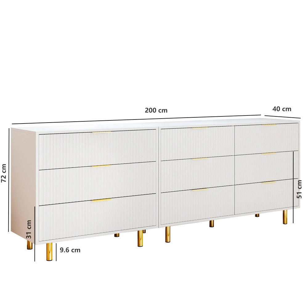 Cassettiera Modulare con 9 Cassetti e Sideboard ¨C MINIMAL ¨C Bianco e Oro 200x40x72 cm