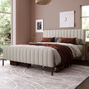 Letto imbottito 160x200 cm in lino grigio-beige con rete a doghe e testiera regolabile
