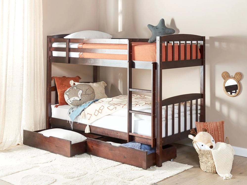 Letto a castello letto doppio con cassetti portaoggetti in legno di pino scuro 90 x 200 per bambini cameretta