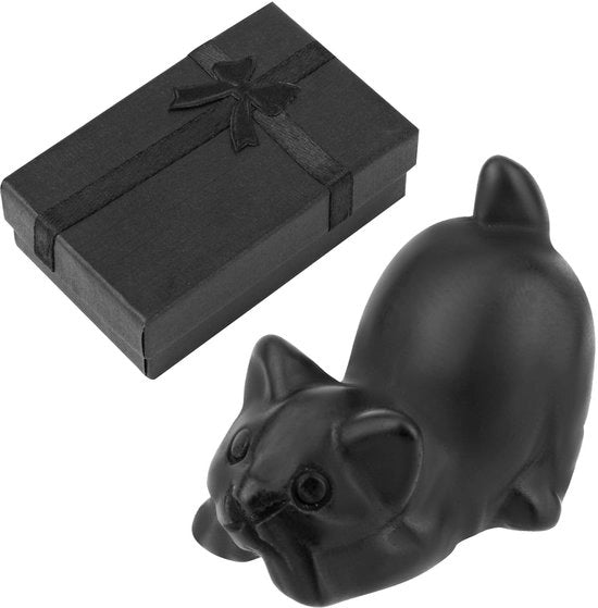 Immagine di Gatto Nero in Obsidiana - Figurina di Buona Fortuna - Scultura per Ufficio - Decorazione per Interni - Dimensioni 2,8x1,7x2,4 cm