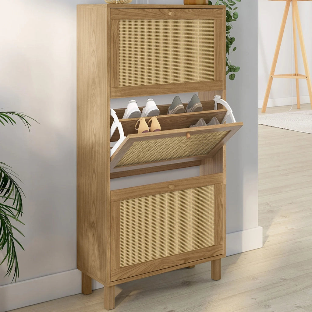 IDMarket - HANAE Mueble zapatero vintage de 3 puertas, efecto caña natural