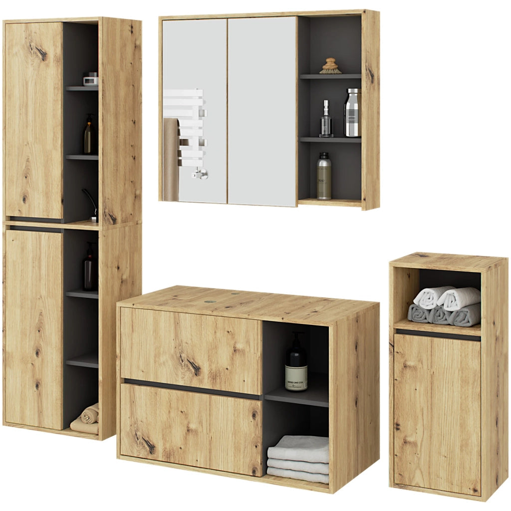 Set di mobili da bagno sospesi VAMI in Rovere Artisan con interno Grigio Grafite con fori per lavabo da appoggio