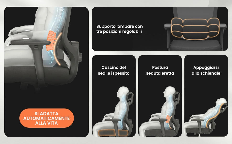Sedia da ufficio ergonomica con supporto lombare regolabile, braccioli ribaltabili, base girevole per il gaming e portata massima di 150 kg.