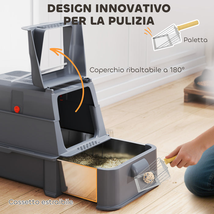 Lettiera per Gatti Chiusa 63x43x43 cm Capacità da 80L con Vassoio Estraibile in ABS e Acciaio Inox Grigio Scuro