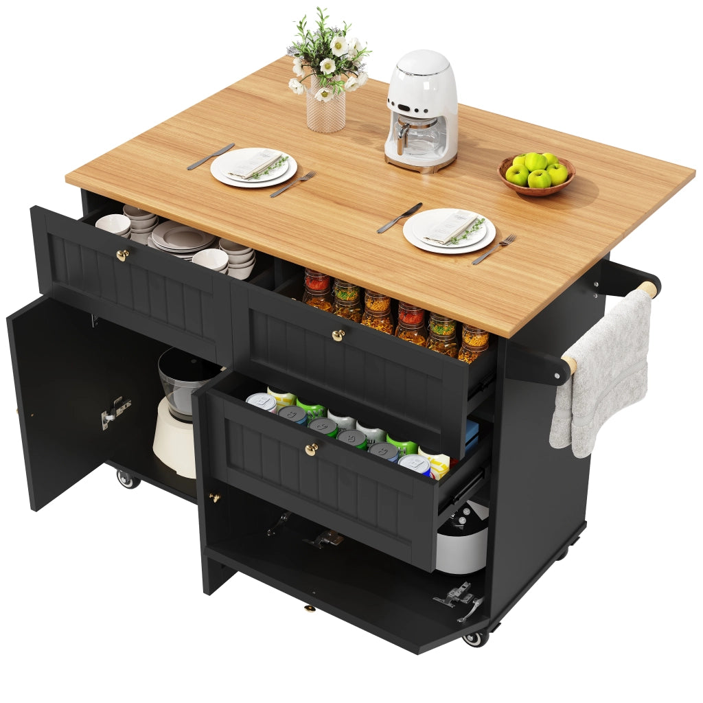 Carrello da Cucina con Piano Ribaltabile; Ruote e Piedini Regolabili; in MDF; Nero; 133 x 37;3 x 88 cm