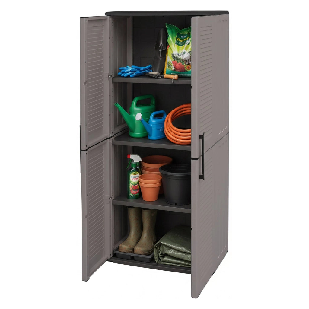 Armadio multiuso da esterno o Akina, Mobile a 2 ante e 3 ripiani regolabili in polipropilene, 100% Made in Italy, cm 68x37h163, colore Grigio