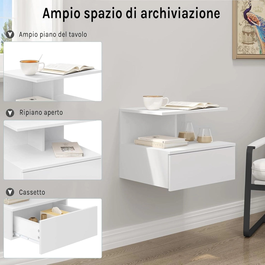 Set di 2 Comodino Sospeso, Comodino per Camera da Letto con 1 Cassetto e 1 Scomparto Aperto, Fissaggio a Parete, Mobiletto per Cameretta Moderno, in Legno,40x35x31cm, Bianco, NTS03ws-2