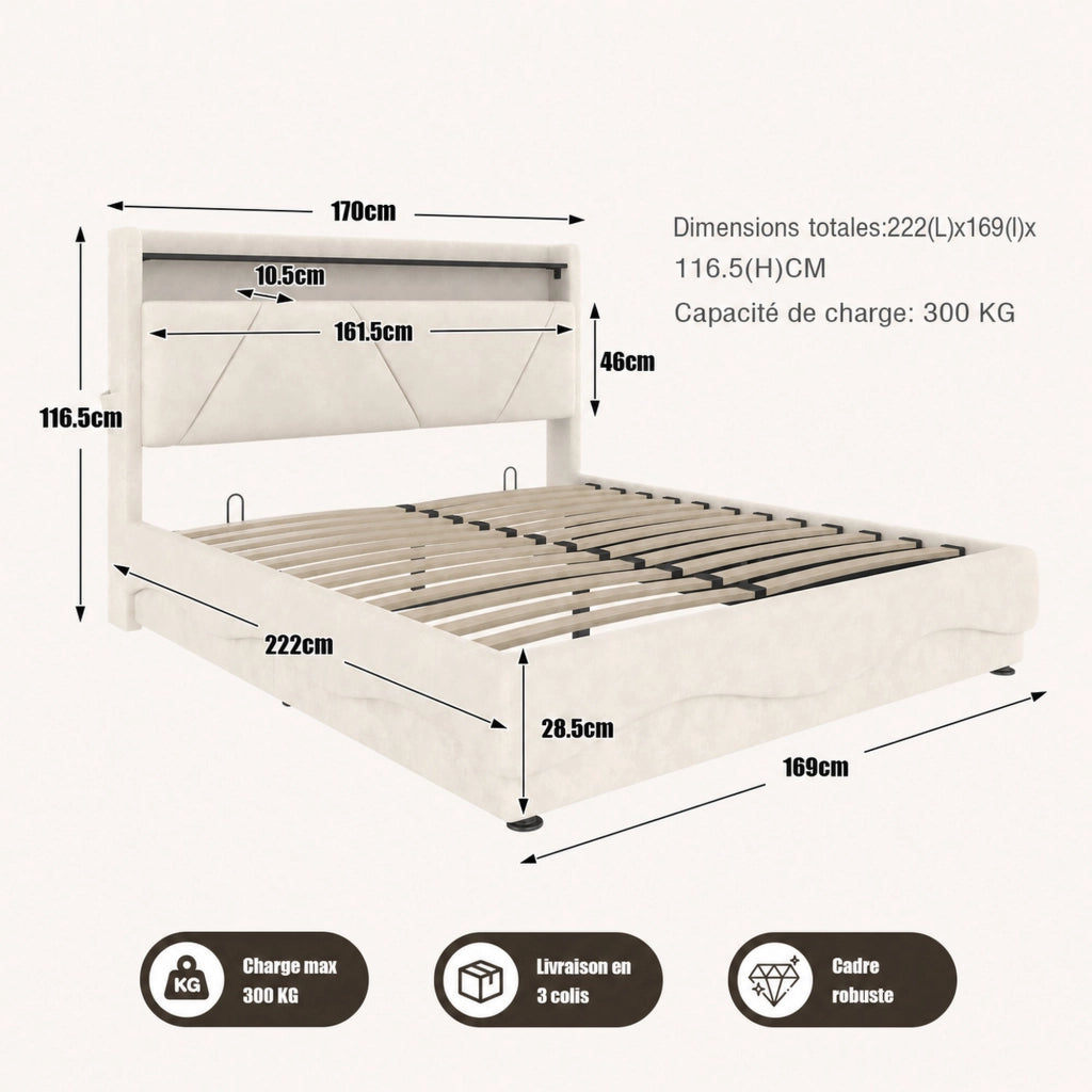 DESMIU Lit coffre 160 × 200 cm 2 posti con LED, USB e Type-C, senza materasso, in velluto, beige