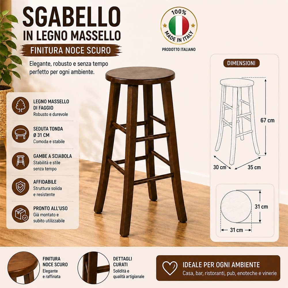 Sgabello Bar Legno Massello Noce Scuro h 67 cm Seduta Tonda, Set 2 Pezzi