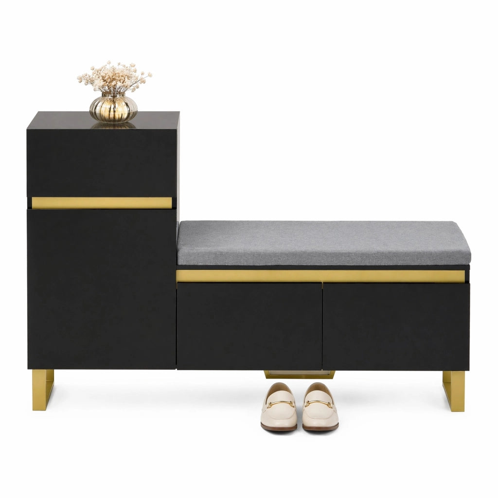 Scarpiera multifunzione con panca e cuscino; 120x35x85 cm; MDF nero lucido con dettagli oro
