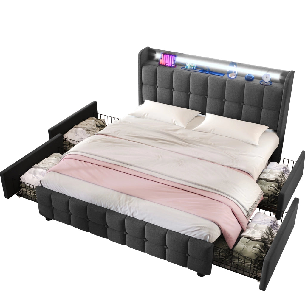 Letto contenitore 140x200 cm con LED; USB; 4 cassetti e testiera; grigio