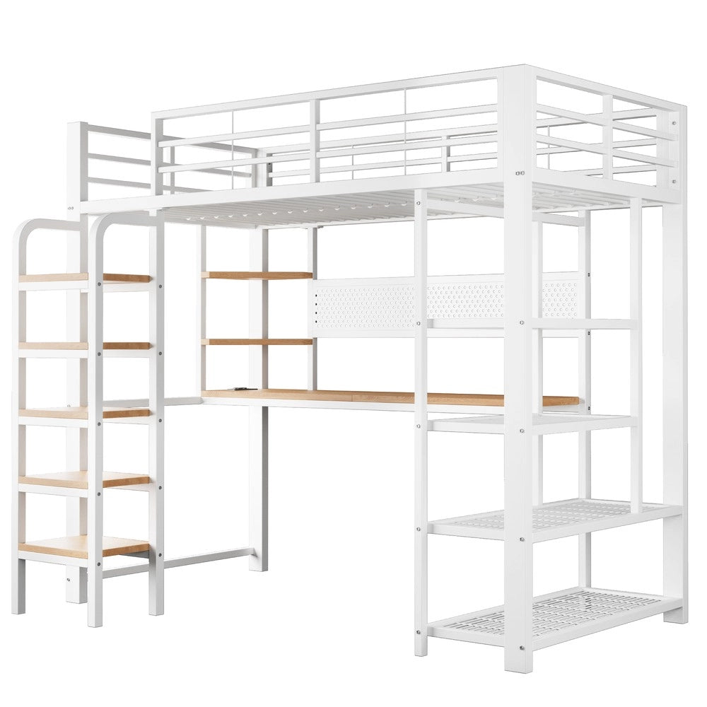 Letto a soppalco 90x200 cm ¨C Minimal ¨C Bianco metallo con scrivania LED ripiani e scala verticale