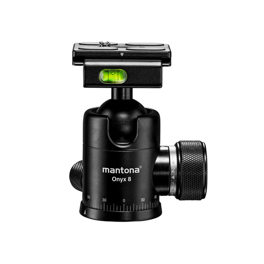 Mantona Onyx 8 Testa a sfera per stativi treppiedi fotografici (M1-3008A), in alluminio con piastra a sgancio rapido compatibile Arca-Swiss da 50 mm, funzione panoramica a 360° e 3 livelle