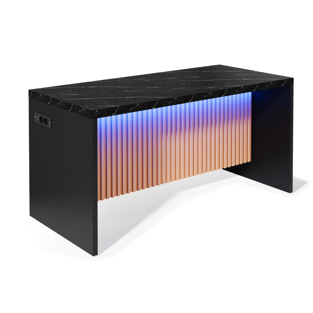 Isola cucina 155x80x90 cm in MDF nero effetto marmo, con LED, prese elettriche e porte USB, piano da 40 mm