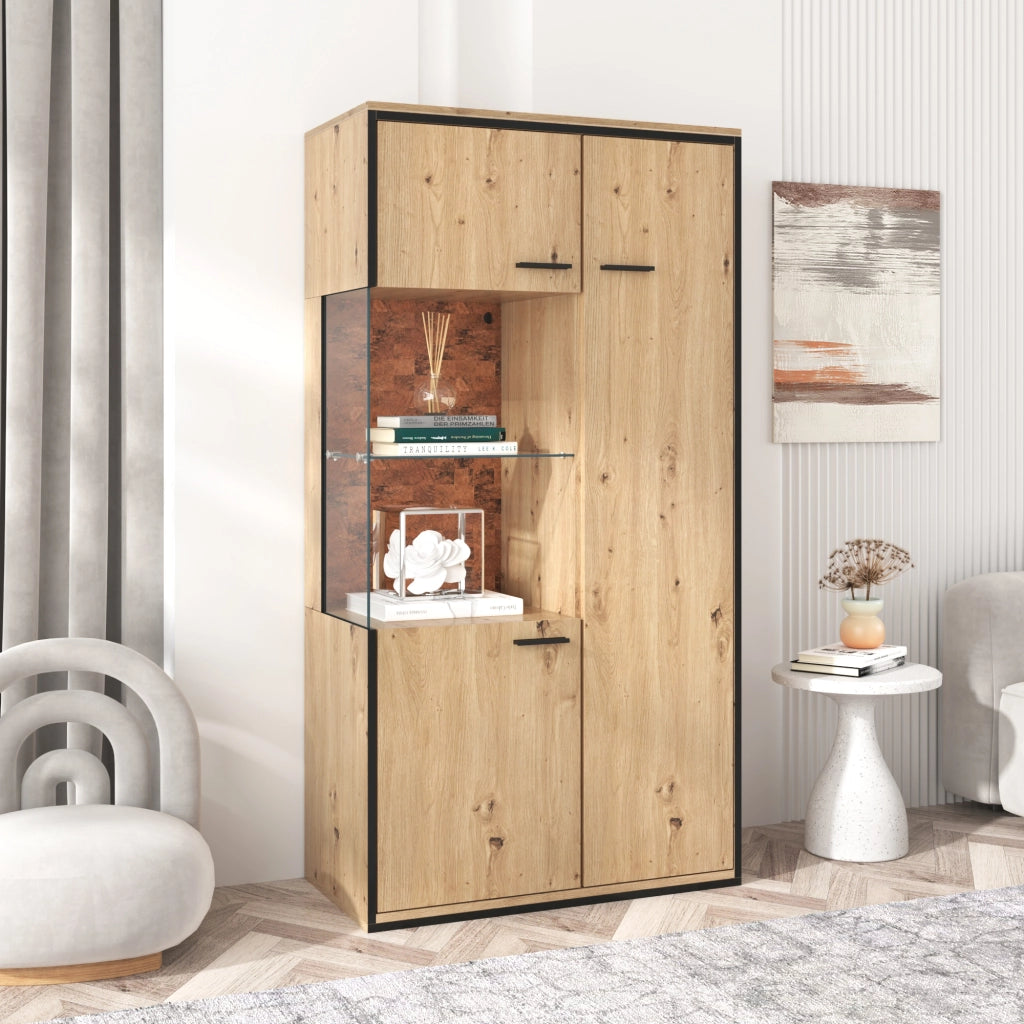 Vetrina con 1 Anta in Vetro e 3 Ripiani Regolabili con LED per Soggiorno in MDF 77;5×40×150 cm Naturale