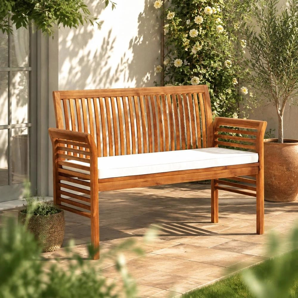 2-seater Garden Bench With Cushions, 120 Cm, Solid Acacia Wood