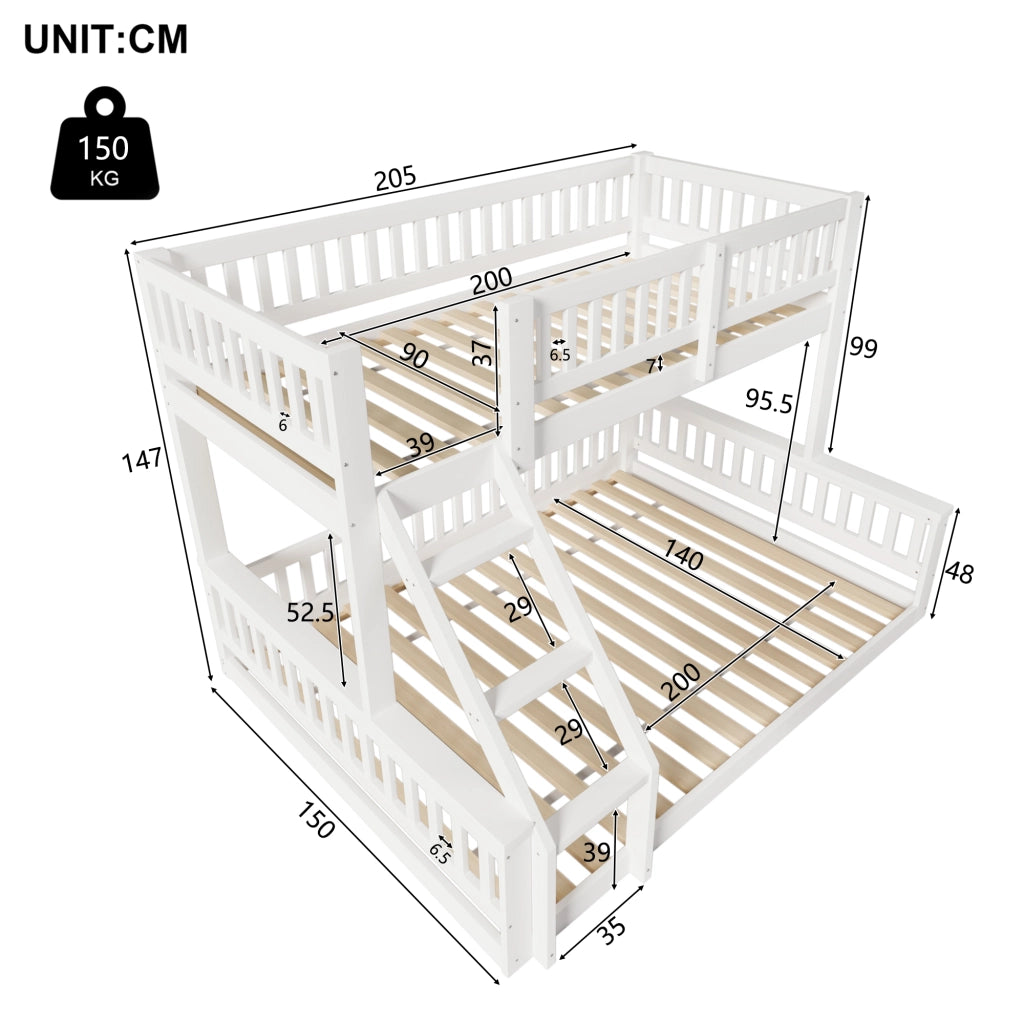 LETTO A CASTELLO 90x200 cm + 140x200 cm in legno bianco con scala e sponde